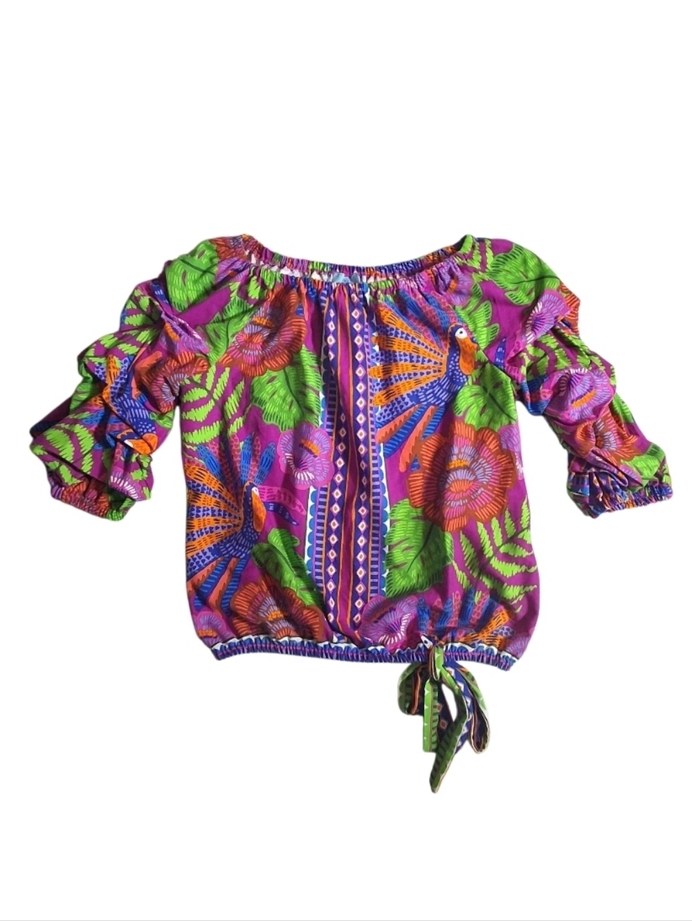 CeCe Top On Off Shoulder Linen Ruffle Sleeves Tie Waist Sz M Colorful Whimsical